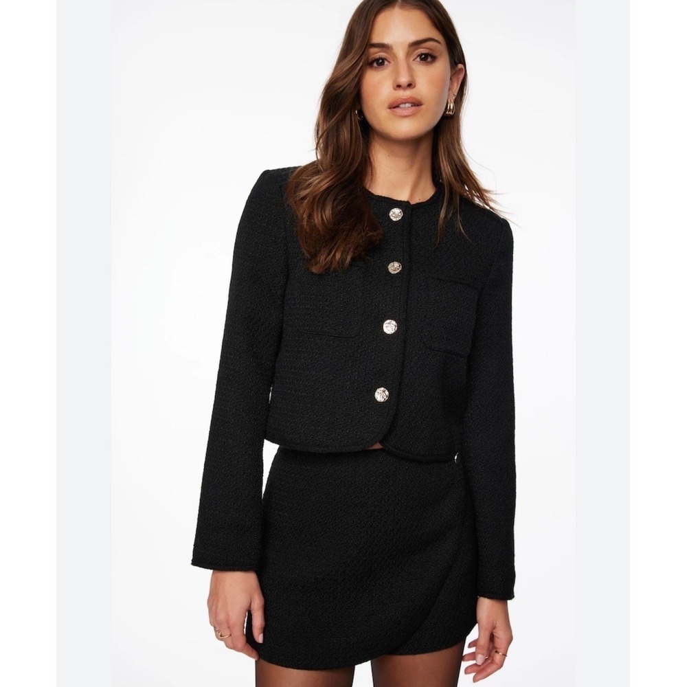 EXPRESS Cropped Tweed Blazer NEW Lady Jacket Gold Button Collarless Black Medium